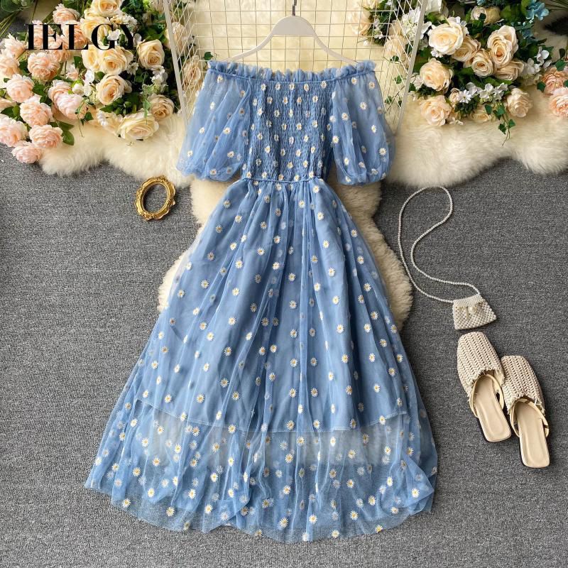 IELGY One shoulder Summer Solid color White Small daisy Woman's dress Fashion Folds Commuting