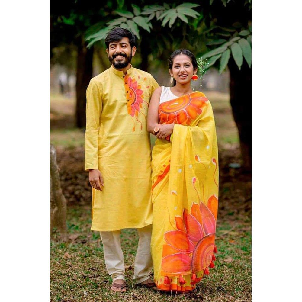Hand Print [Rong-Tuli} Couple Combo Set Half Silk Share And Dhupiyani/Half Silk Panjabi For  [ Sharee and panjabi] for man and women or gift or yourselfs.
