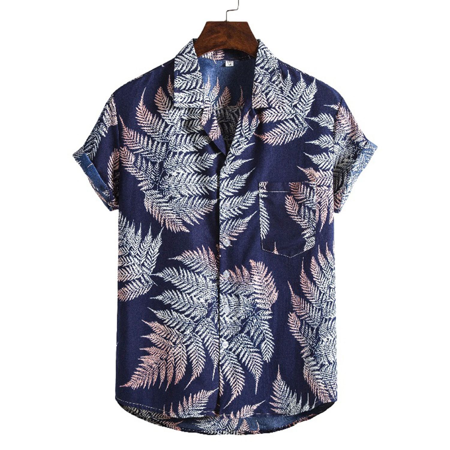 Beach Shirt Leaf Print Buttons Men Short Sleeve Lapel Top for Vacation