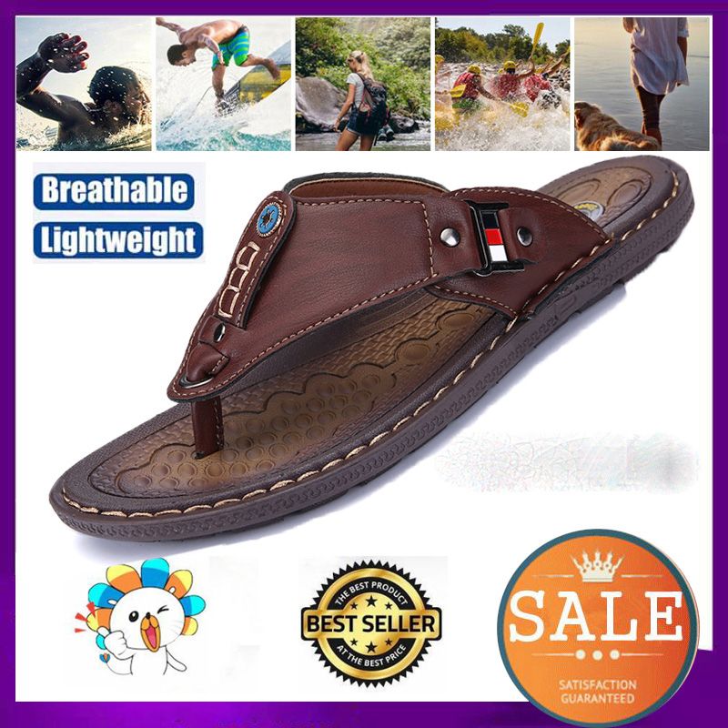 Flip Flops for Men Outdoor Beach Shoes Cow Leather Sandals Summer Flat Shoes Men Slippers