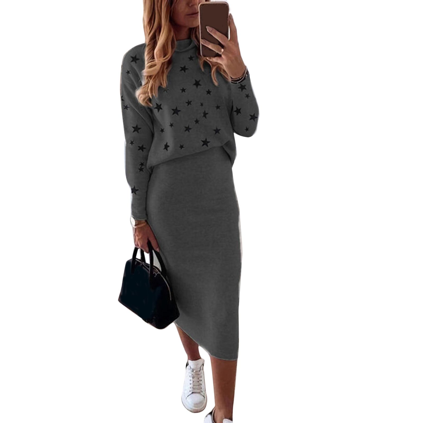 Women Skirt Suit Five-pointed Star Print Printed Mid-Calf Blouse Skirt