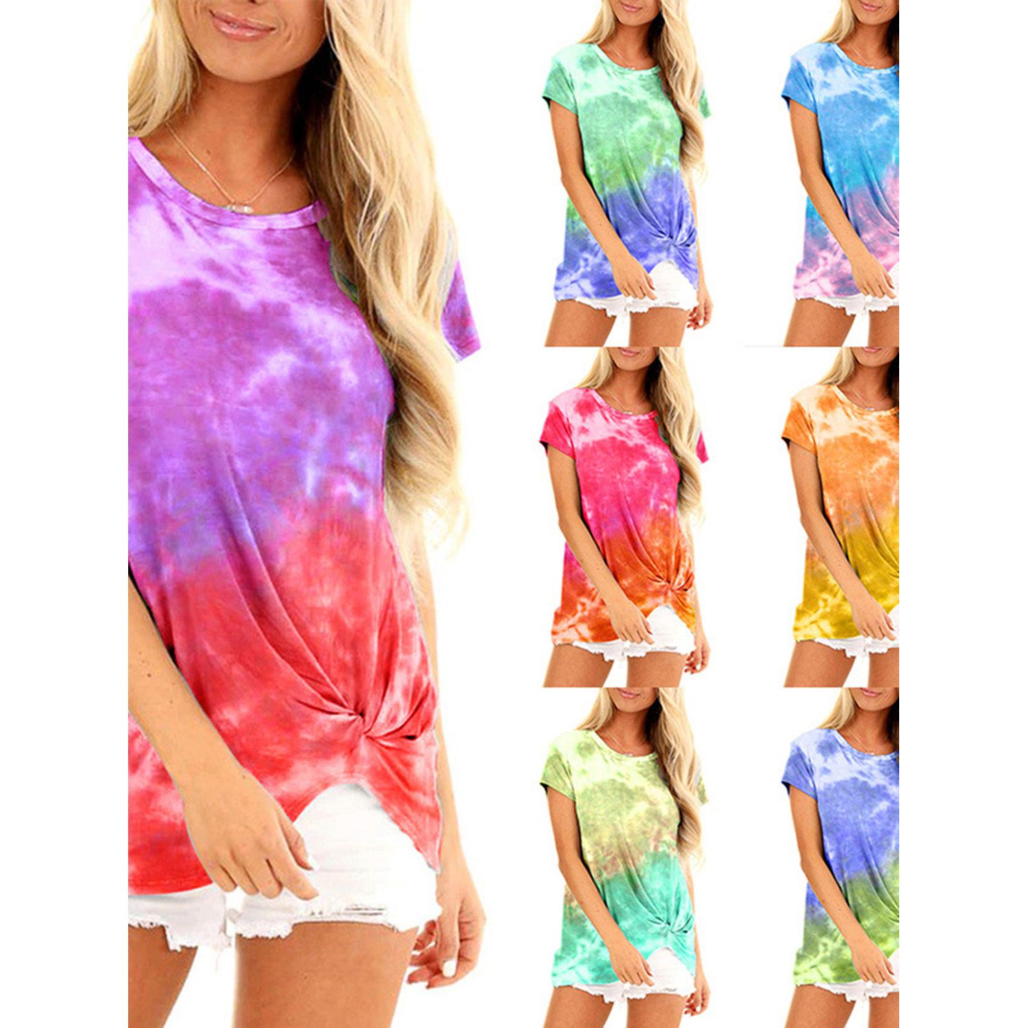 New Women's Short Sleeve Printed T-shirt Summer Fashion Wild Tie-dyed Color Loose Pullover Tops