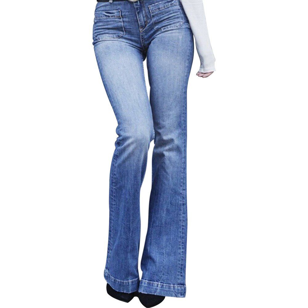 Fashion Elastic Jeans Women Button Washed Denim Pants Femme Pocket Trouser Boot Cut Straight Line Flare Jeans Mujer