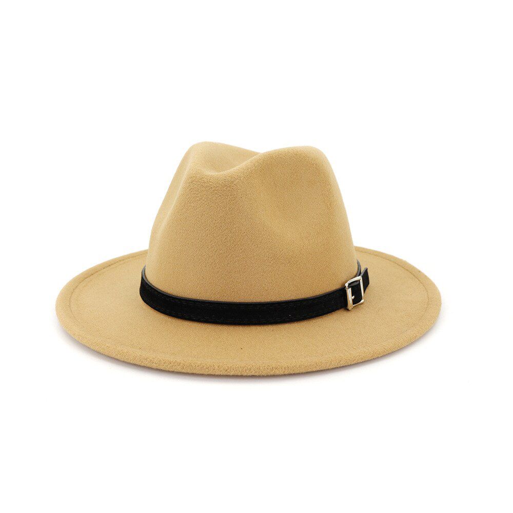 QBHAT Men Women Wide Brim Wool Felt Fedora Panama Hat with Belt Buckle Jazz Trilby Cap Formal Top In White,black