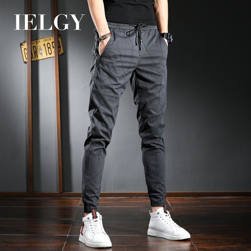 IELGY Elastic Waist Casual Cropped Pants Men's Slim Fit Feet British Art Plaid Men's Pants Gray Pants Thin Pants
