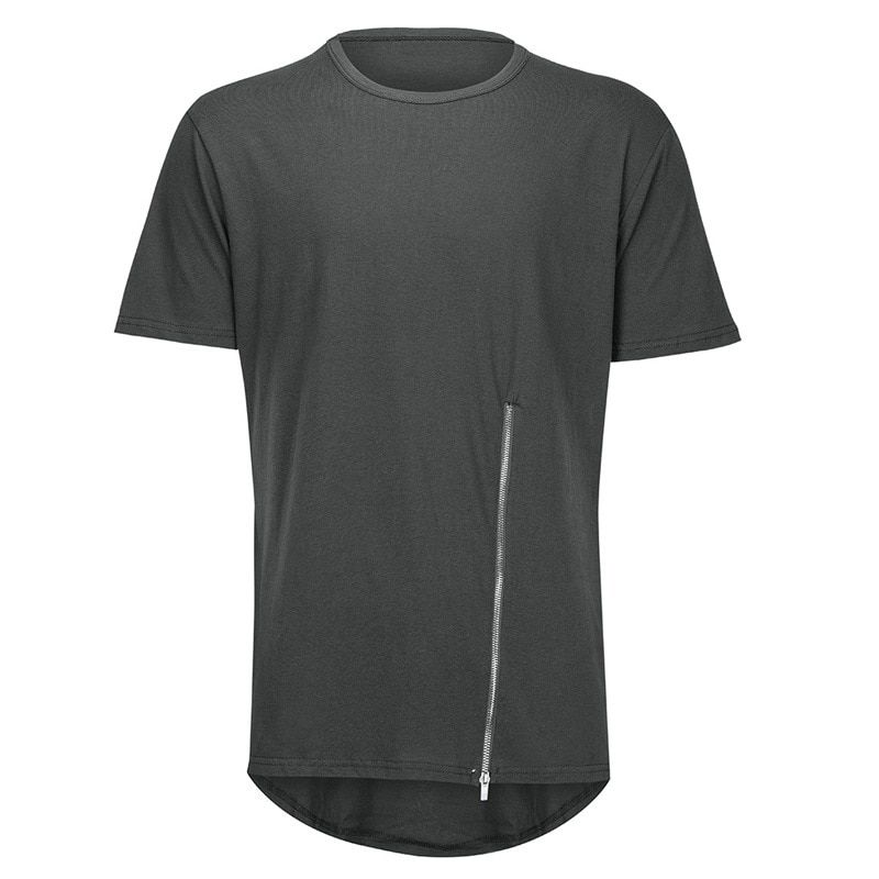 Streetwear Fashion Slim Summer Asymmetrical Men Short Sleeve zipper tshirt Fashion -Hop Curved hem Cotton Men's T-shirts