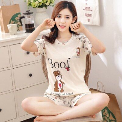 Summer Women Pajamas Set Cartoon Print Cute Sleepwear Short Sleeve Pijamas Leisure Homewear Girls Tracksuit