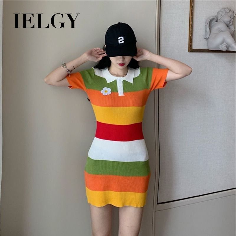 IELGY Rainbow Stripe T-Shirt Skirt Slim Doll Collar Waist Pack Hip Knit Dress Women