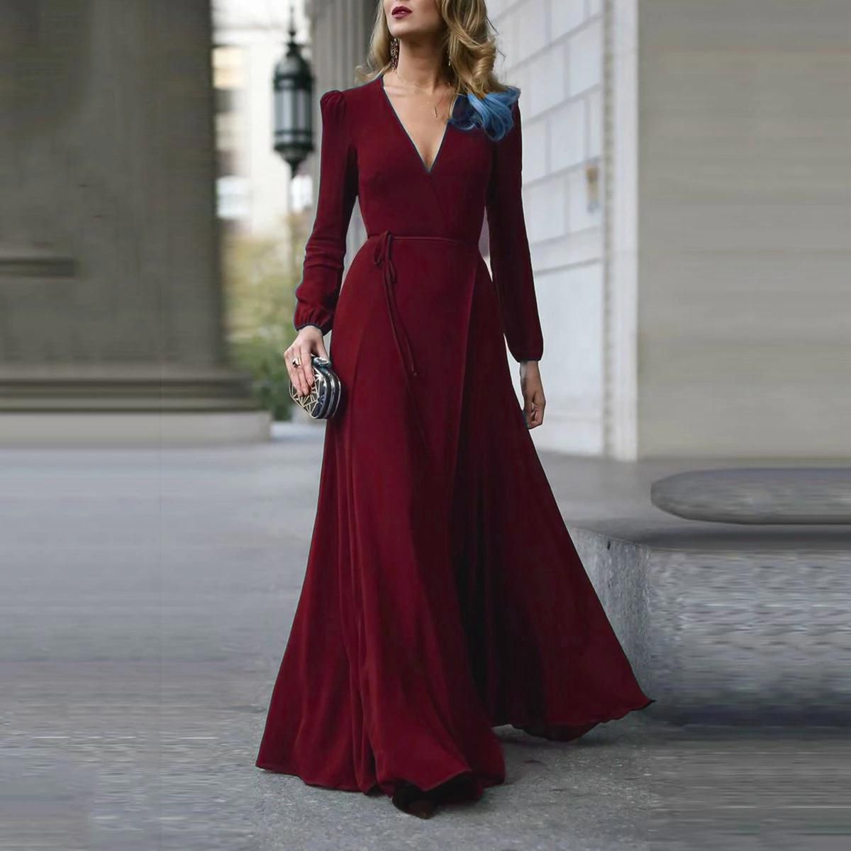 Women Formal Maxi Dress Deep V Neck Long Sleeve Evening Party P Gown Cocktail