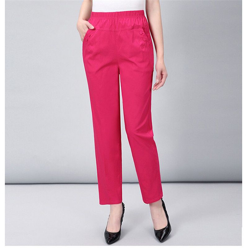 Middle Aged And Old Women Spring White Pants Thin Elastic Waist Straight Pants Mother Ankle-Length Trousers Plus Size W2102