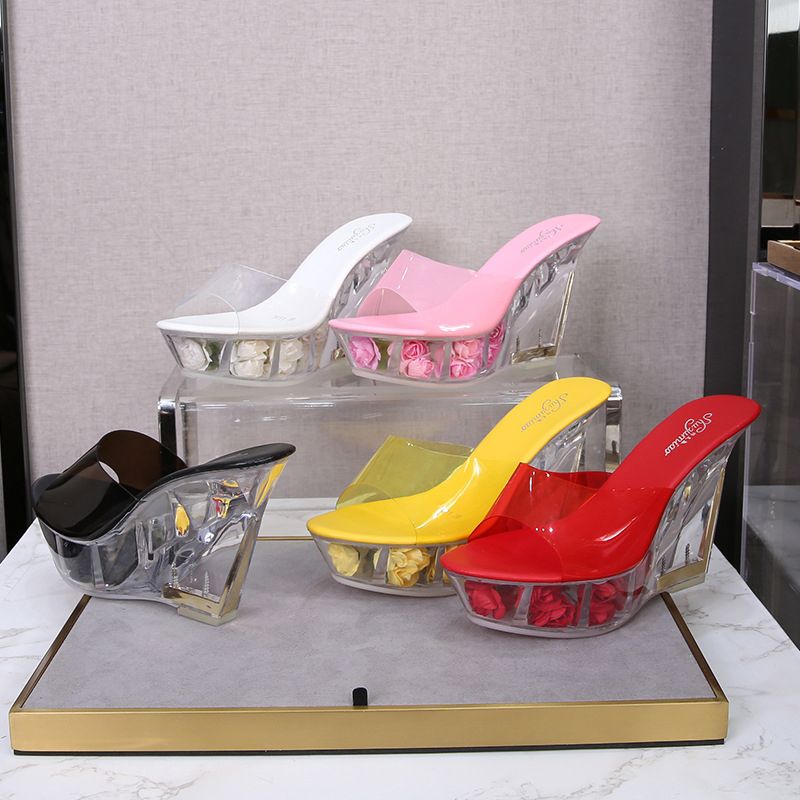 September 2021 Women Open Toe Plus size Bohemian Heeled Sandals Street Snap Flower Wedge Heel Slip-on