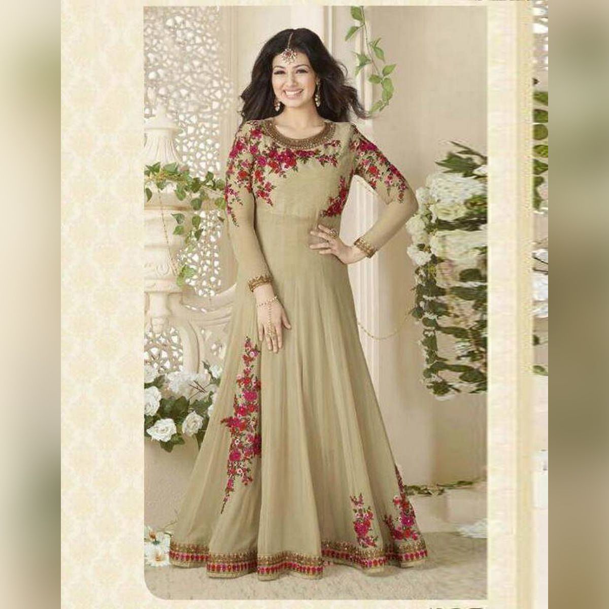 Unstitched Olive  Georgette  Embroidery  Work  Gown  For  Women