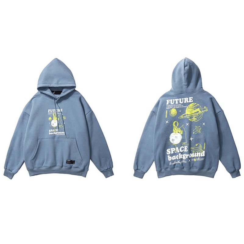 LENSTID Men  Hop Winter Fleece Pullover Hoodies Spaceman Planet Print Harajuku Streetwear Hop Cotton Hooded Sweatshirts