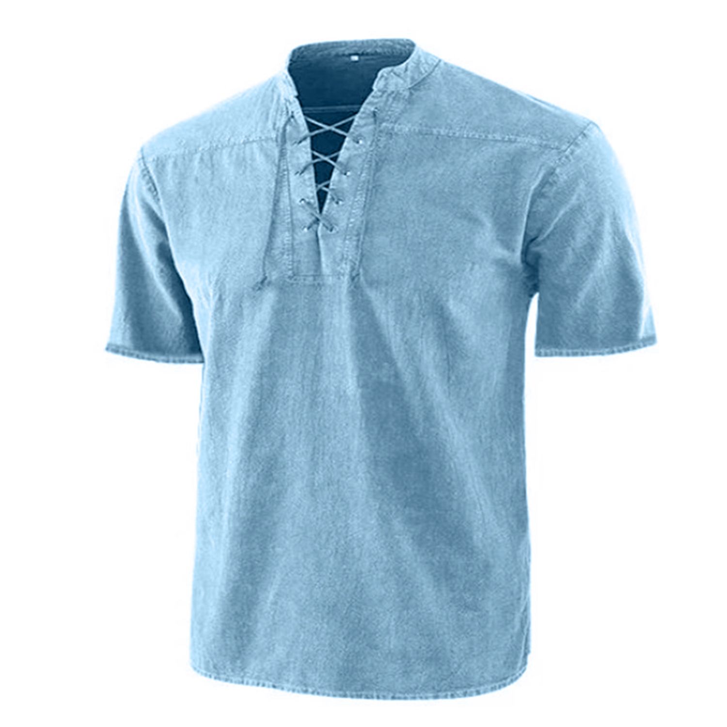 Men Stand Collar Front Lace Up Short Sleeve V Neck Slim T-shirt Streetwear for Daily Wear