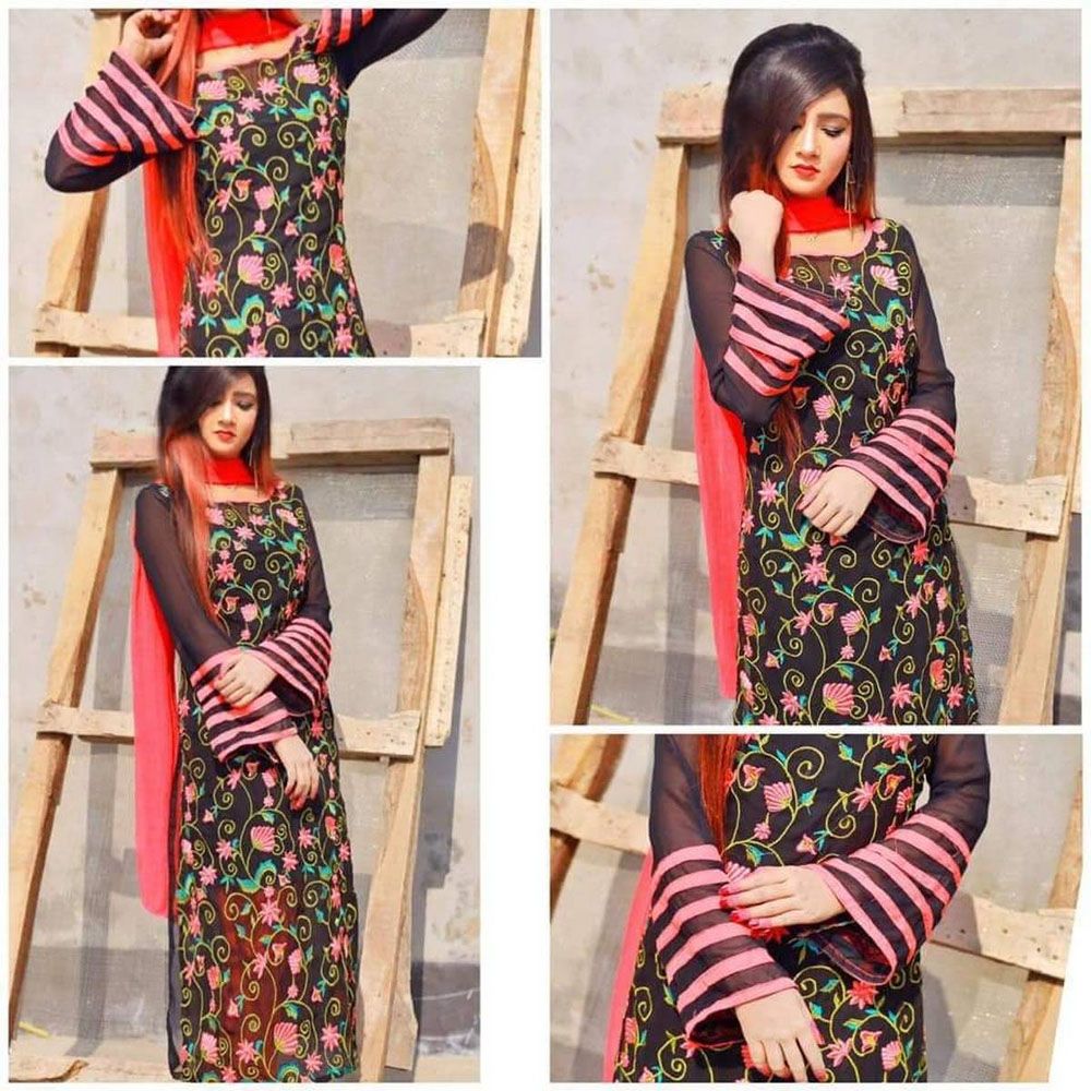 Indian Excellent Georgette/Jorjet Unstitched Embroidery and Karchupi Comfortable Salwar Kameez Three Piece for Women Shalwar Kamiz Dresse [3 piece]
