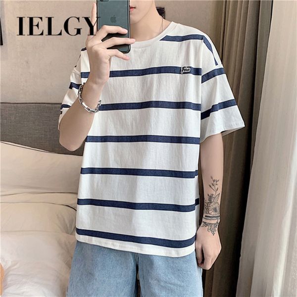 IELGY summer striped short-sleeved t-shirt men's loose and versatile top clothes Hong Kong style trend round neck half-sleeved t-shirt