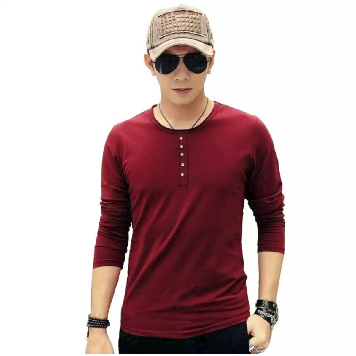 Maroon Cotton Long Sleeve T-Shirt for Men/ Long Sleeve T-Shirt for Men