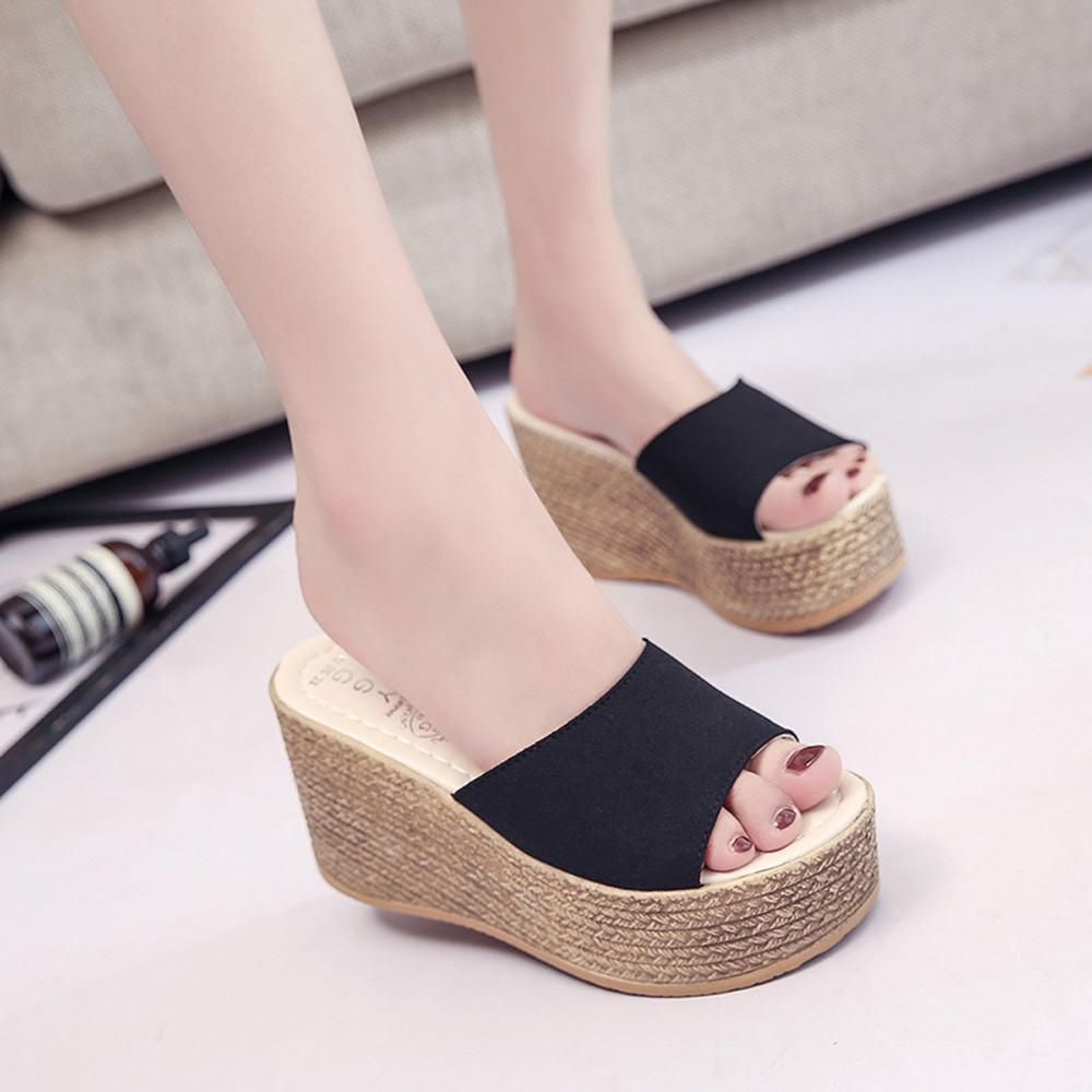 （Korean style） Women Fashion Solid Peep Toe Thick Bottom Sandals Slipper Flatform Shoes Beige Woamn Fashion Woman Shoes