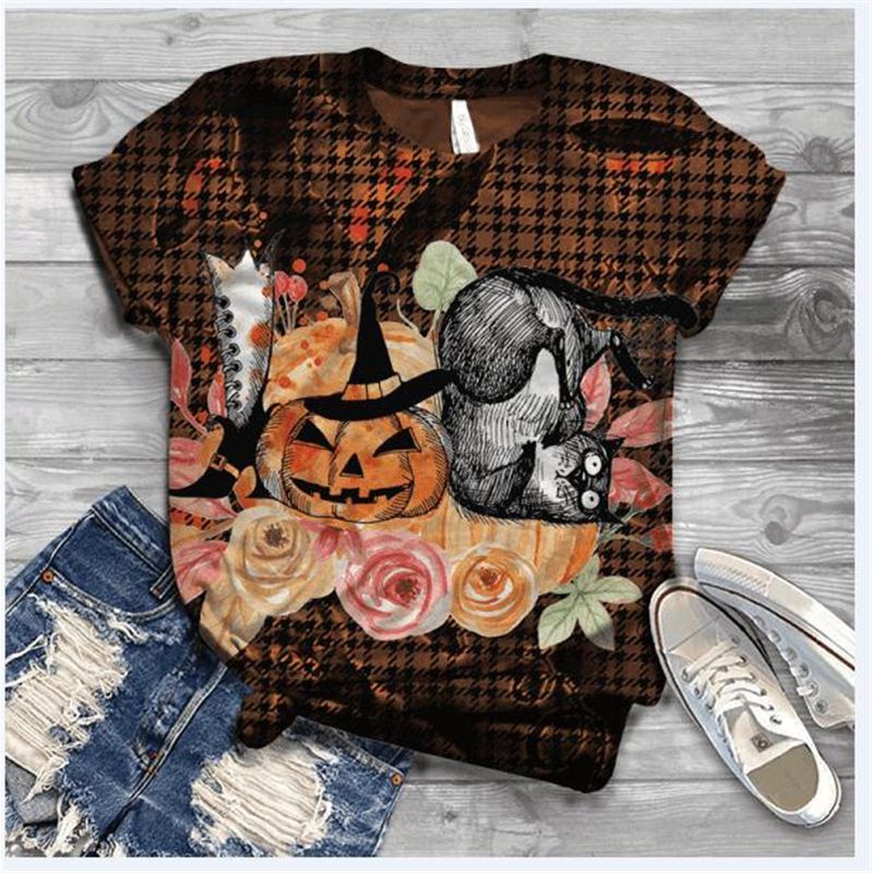Woman Halloween Print T-shirt, Rolled Sleeve Round Neck Loose Top Casual Style Pullover
