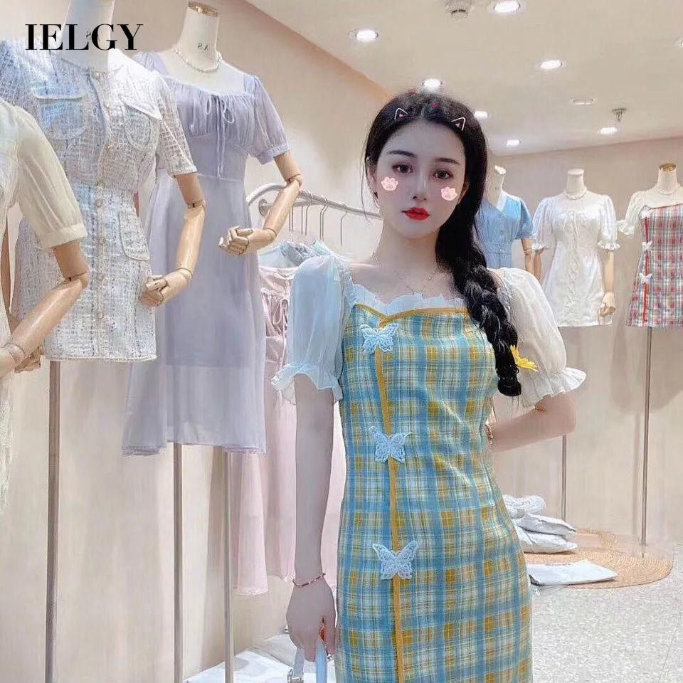 IELGY gauze slim and slim Plaid butterfly decoration stylish sweet dress one shoulder short sleeves cheongsam