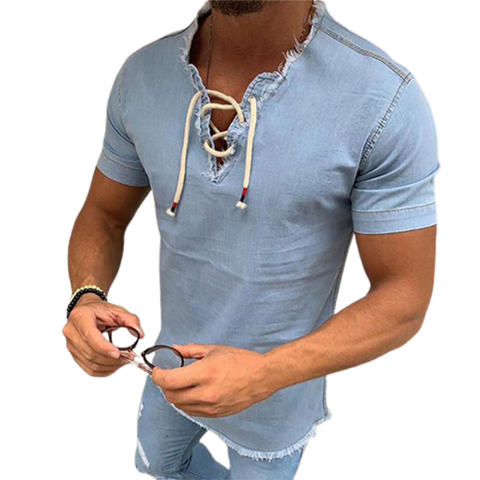 Loose T-shirt Pure Colors Drawstring Collar Men Loose T-shirt