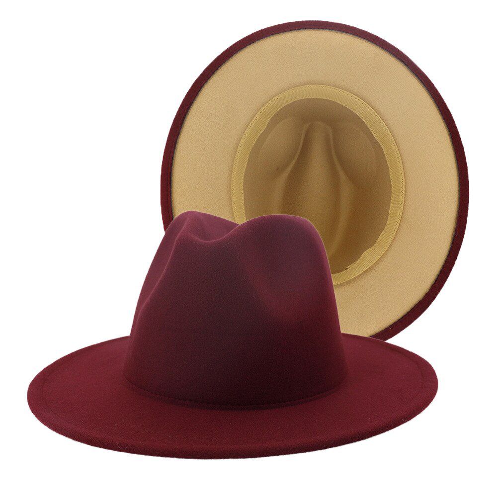 QBHAT Outer Burgundy Inner Tan Patchwork Felt Jazz Fedora Hats Women Men Large Brim Panama Cap Unisex Gambler Hat