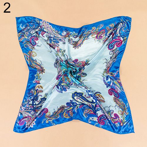 Women Flower Painted Square Scarf Imitated Silk Satin Head Neck Shawl 90 X 90cm