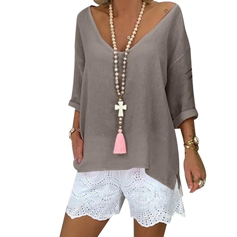 Women Summer Blouse Top Deep V Neck 3/4 Sleeve T-shirt