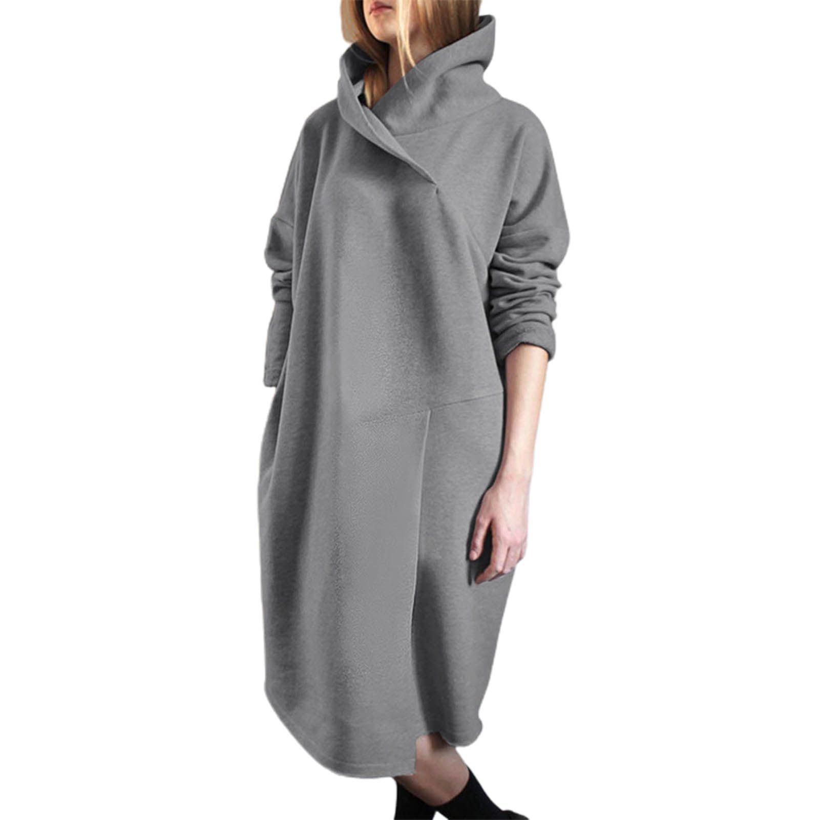 Hooded Sweatshirt Turtleneck Solid Color Mid-calf Hooded Dress