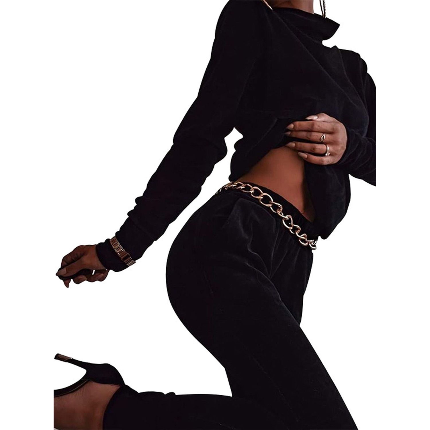 2021 Women’s Casual Two Piece Clothes Fashion Solid Color High Collar Exposed Navel Top and High Waist