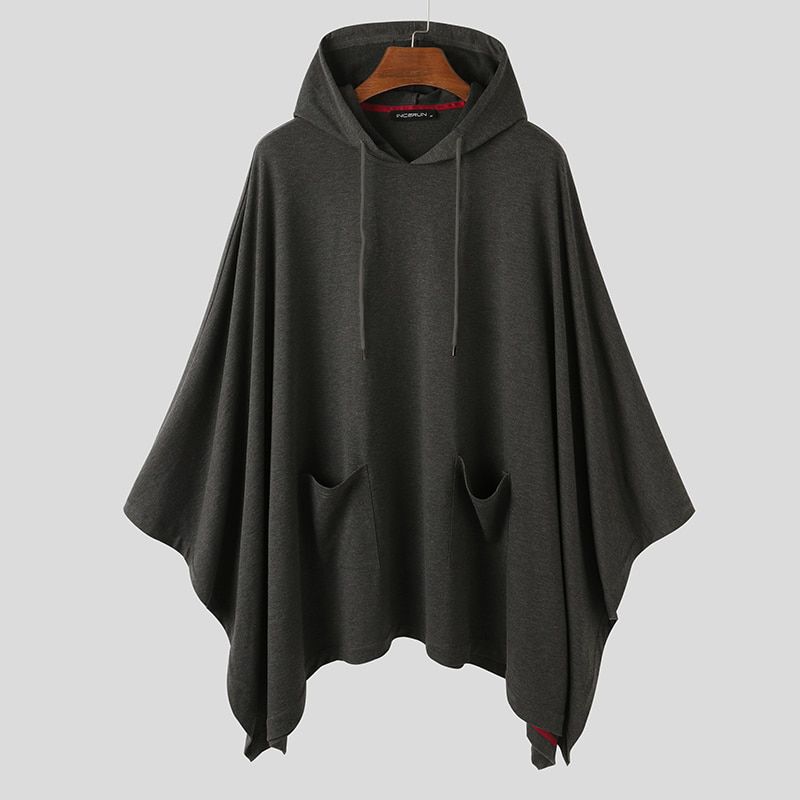 INCERUN Fashion Men Cloak Hoodies Solid Color Loose Hooded Cape Streetwear Casual Chic Men Sweatshirts Pockets Poncho 5XL