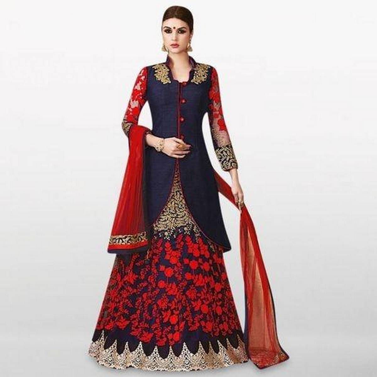 Unstitched Navy Blue and Red Georgette Gown for Women