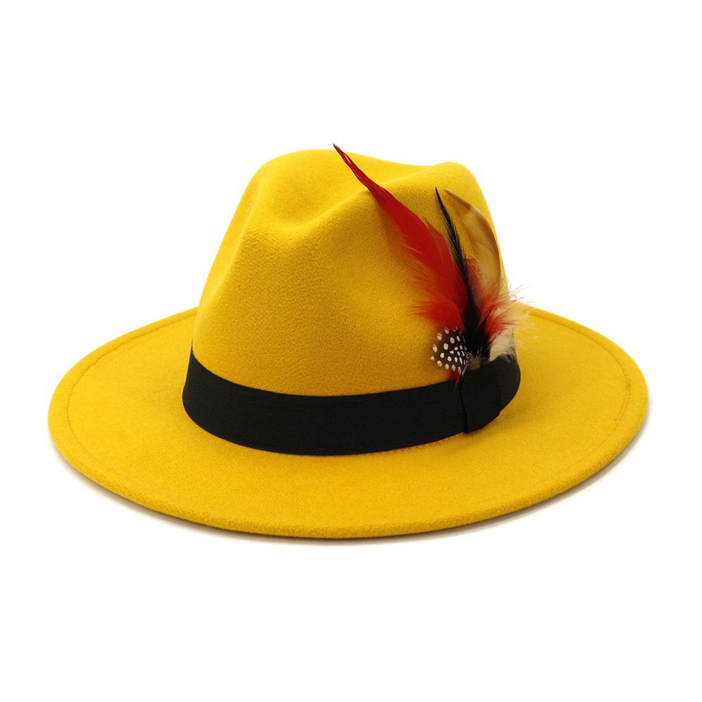 BUTTERMER Women Red Wide Brim Wool Felt Fedora Panama Hat with Feather Men Jazz Trilby Cap Party Church Formal Top Hat