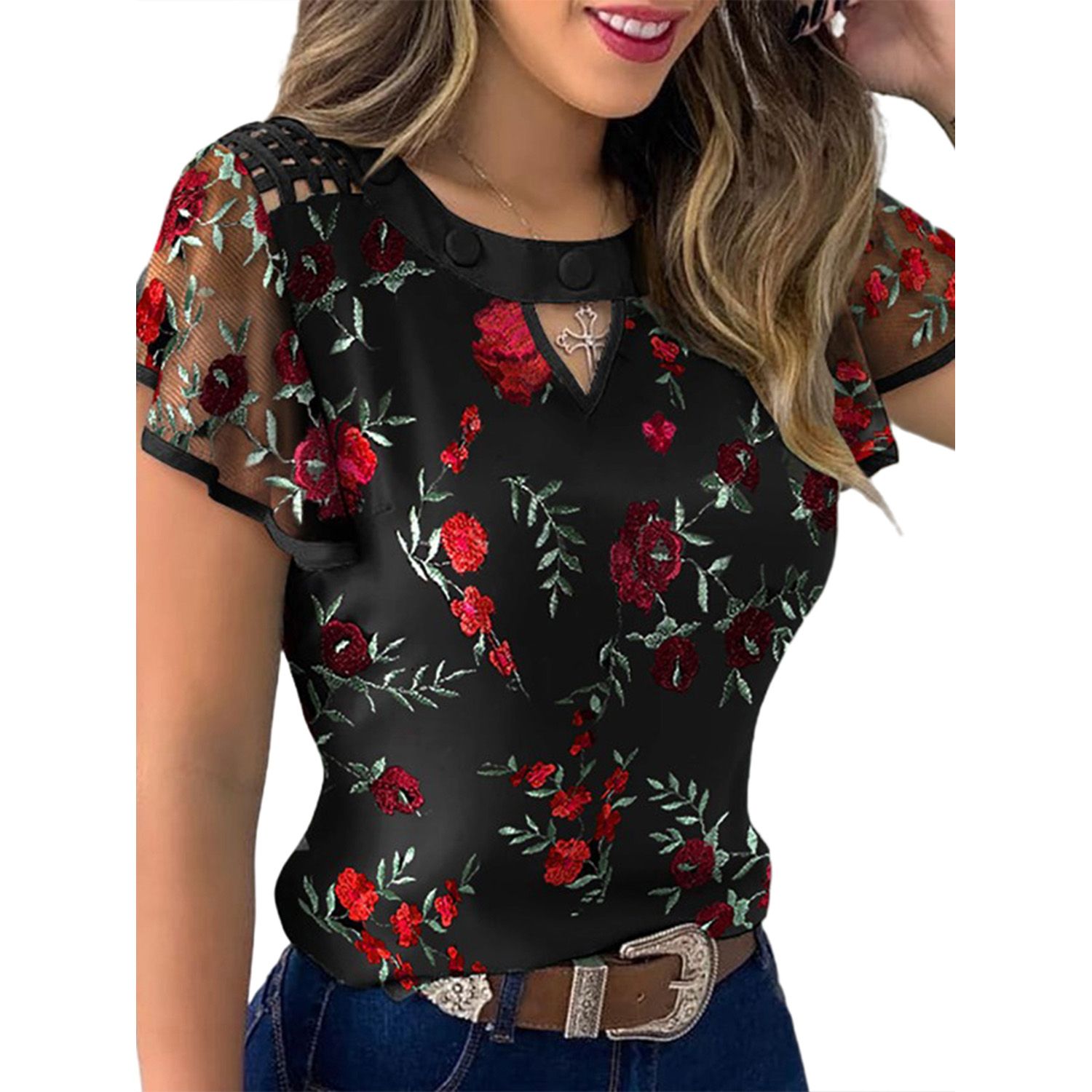 New Women's Ruffled Sleeve T-Shirt Summer Fashion Casual Flower Embroidery Cutout Mesh Sheer Tops