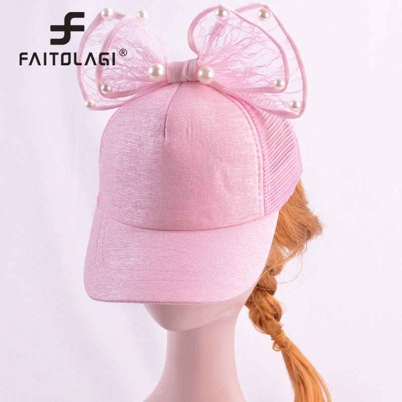 bowknot children's baseball cap for girls baby summer hat visor caps lace bow with pearls girls beanie kids baby sun hats muts