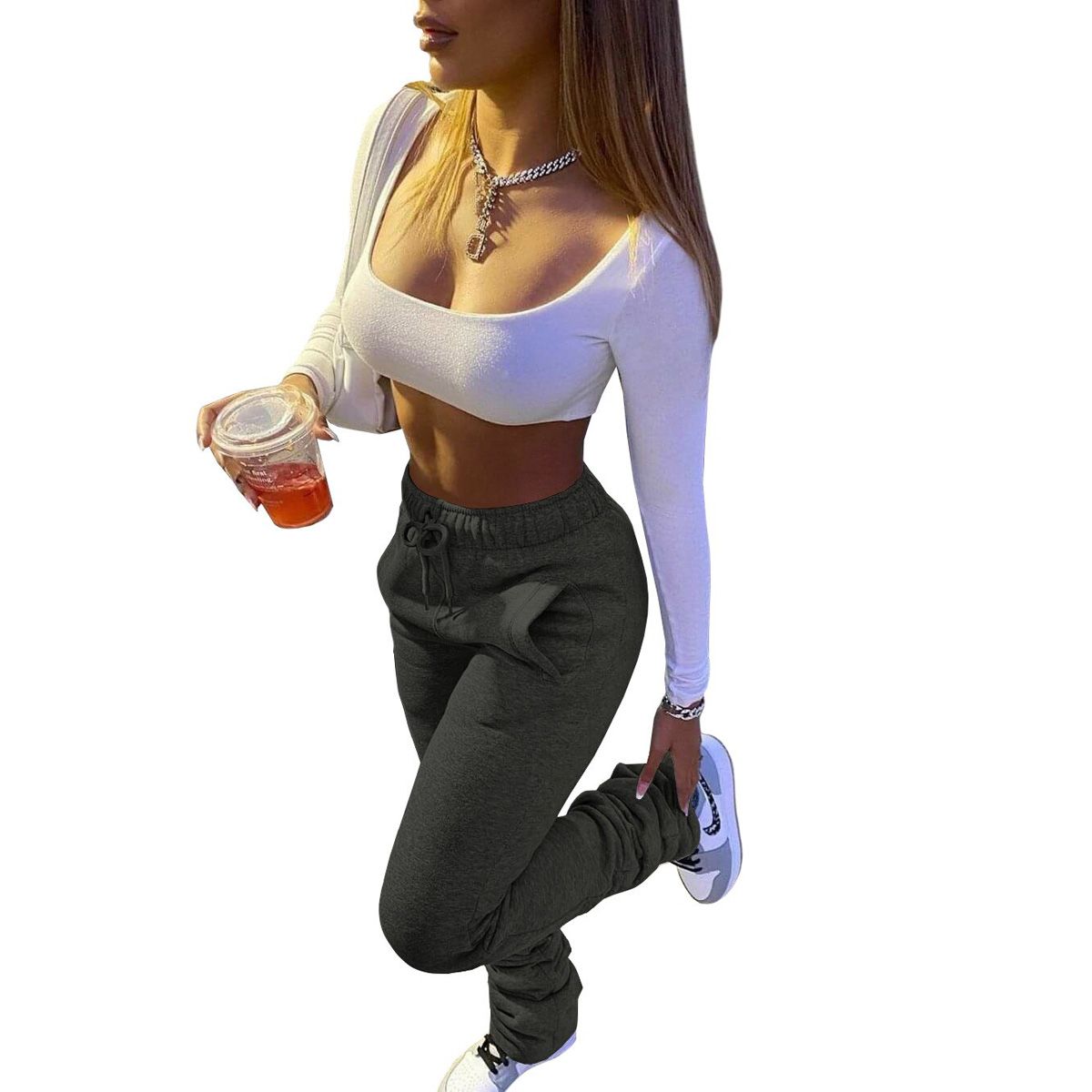 Stacked Sweatpants Women's Fleece Sports Fitness Drawstring with Pocket Streetwear Flare Pants Bulk Item Lots