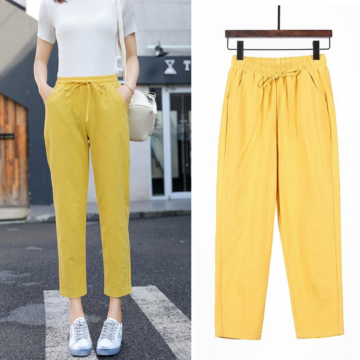Womens Spring Summer Pants Cotton Linen Solid Elastic waist Harem Trousers Soft thin Female ladys trousers S-XXL