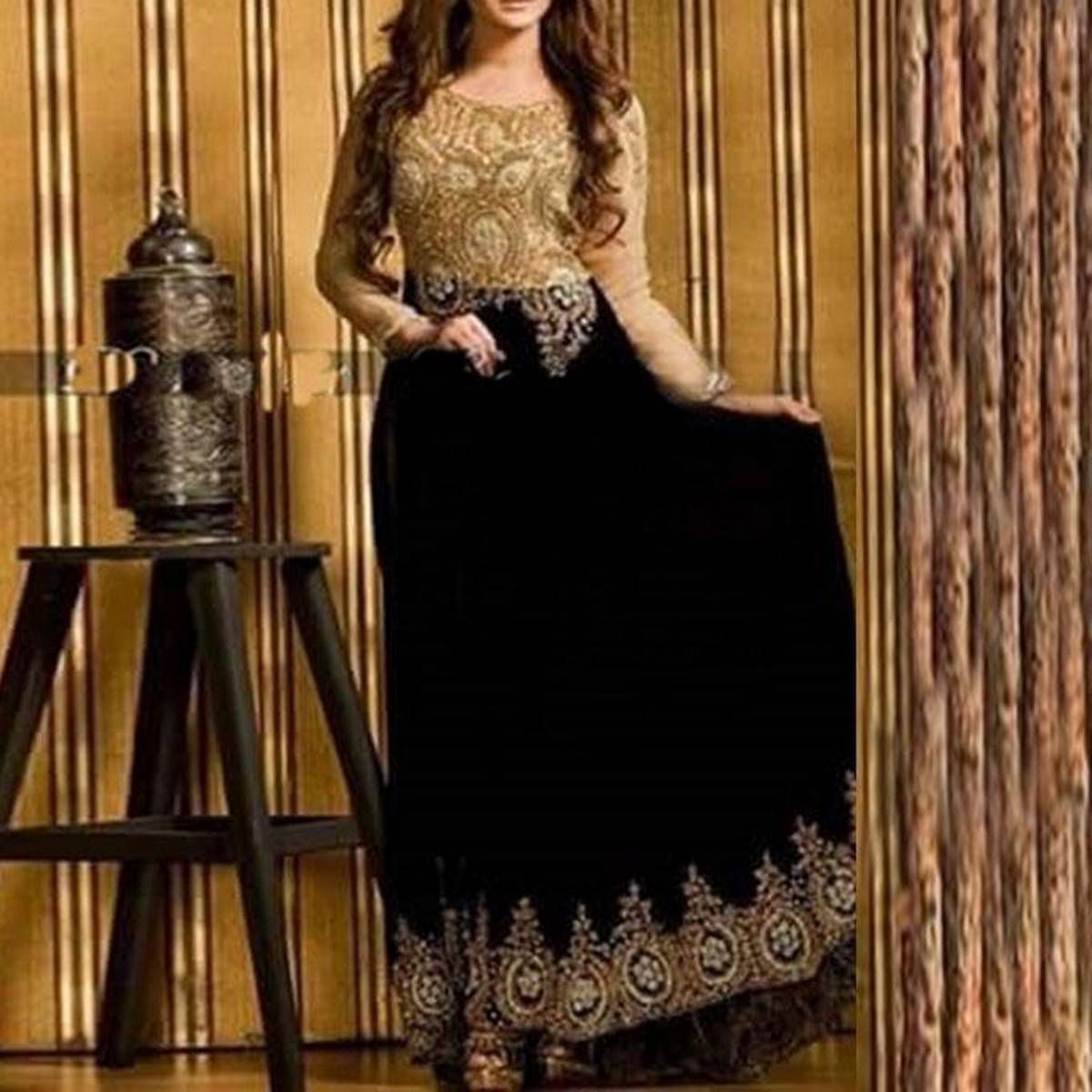 Black  and  Golden  Semi-Stitched  Georgette  Gown  for  Women