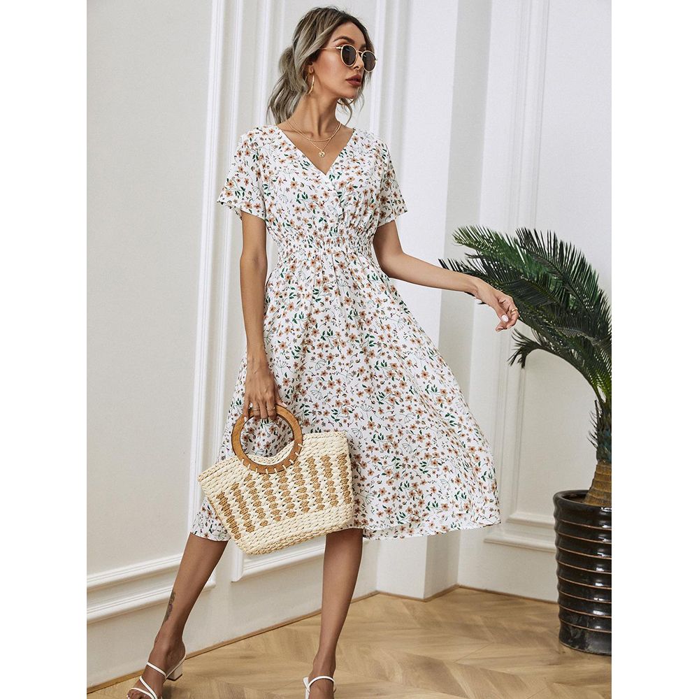 White Floral Printing Summer Chiffon Beach Dress 2021 Casual V-neck Short Sleeve A-line Women Midi Dresses Vestidos