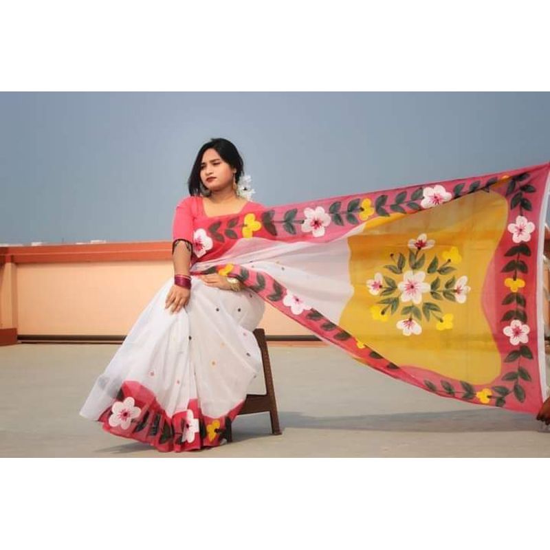 Exclusive Designer Hand Print Half Silk Saree for women
