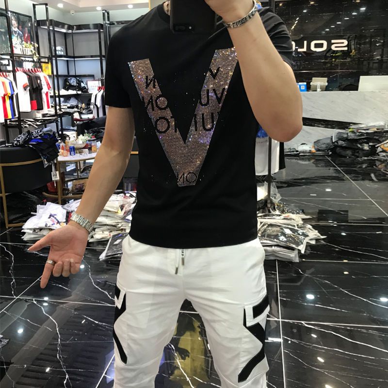 Men's T-shirt Quality Mercerized Cotton V-shaped Pattern Rhinestone 20201 New Street Fashion Style Short-sleeve Male Top Clothes