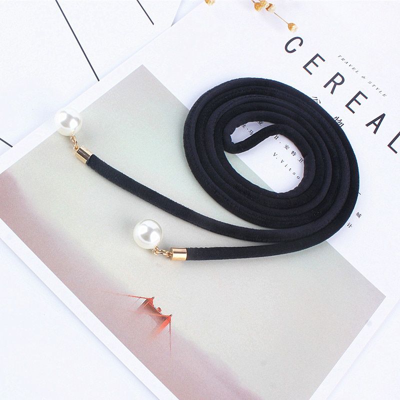 solid fashion women tassel knot belt Vintage pearl waist rope fringed waistband girdle for dress female thin srting femee black