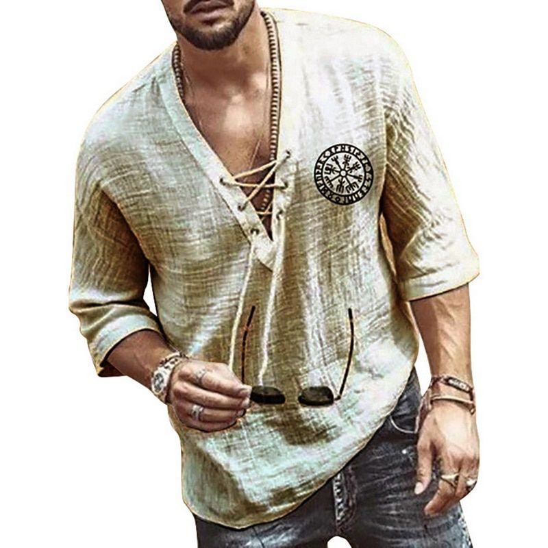 Plus Size Men's Tee Shirt Solid Tops Pullover V Neck Lace-up Loose Top Summer Holiday Beach Casual Half Sleeve Tops Linen Top