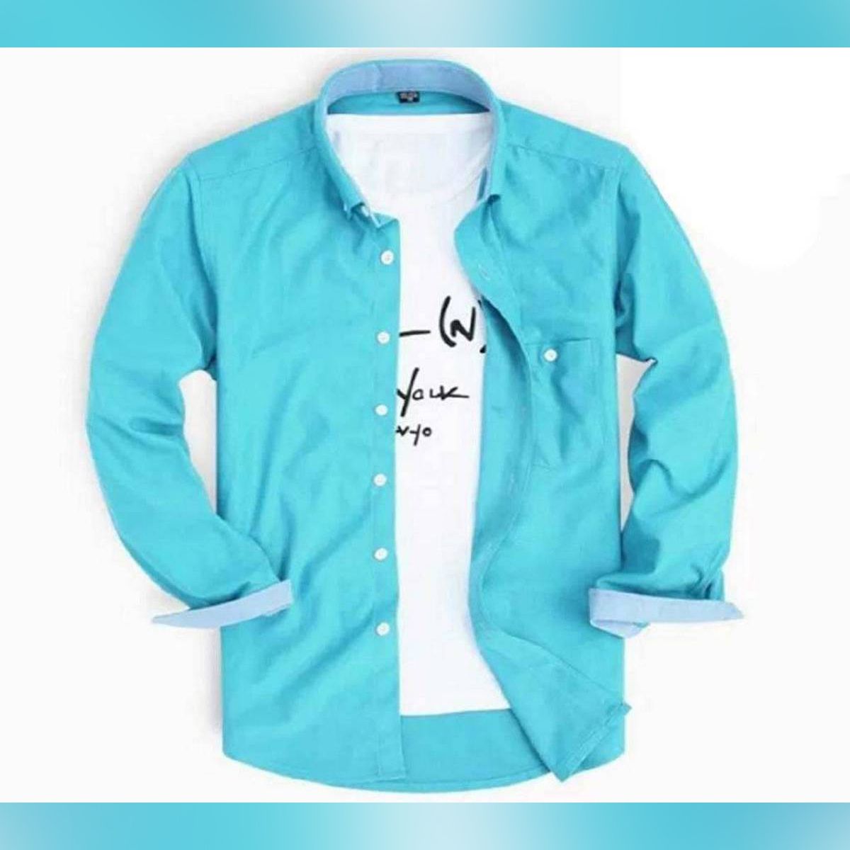 Sky Blue Cotton Long Sleeve Casual Shirt For Men