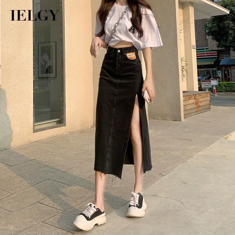 IELGY high-waisted side slit denim skirt summer thin a-line bag hip long skirt