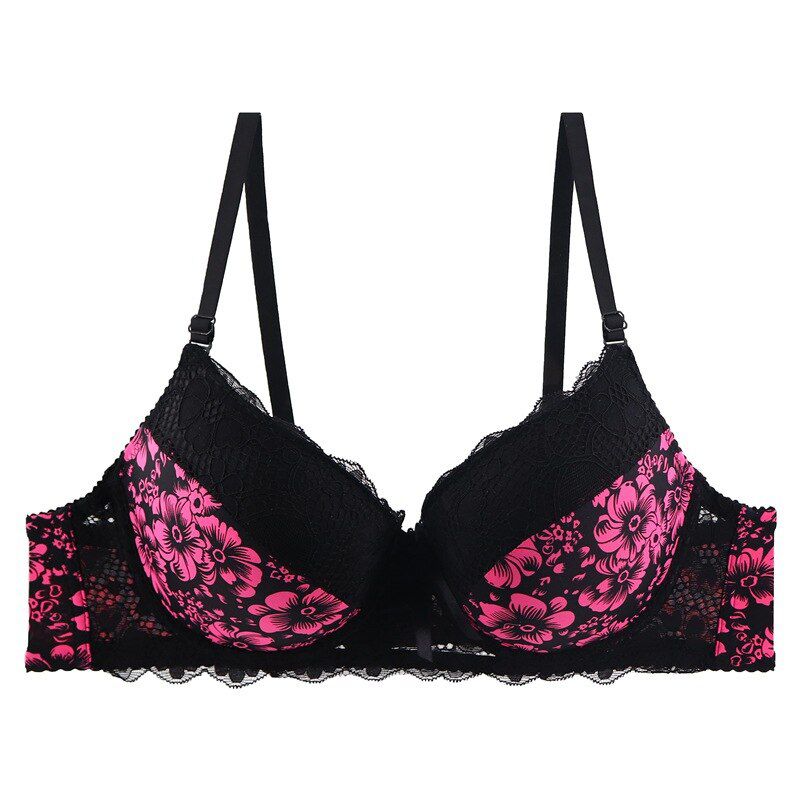 Gathered Ladies Bra C Cup Lace Print Color Matching Underwear Bra 3/4 Cup Back Closure Underwire Bras