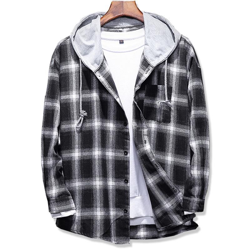 Spring Autumn men's Slim Fit Men Long Sleeve Hooded Shirt Men plaid shirt Male Casual