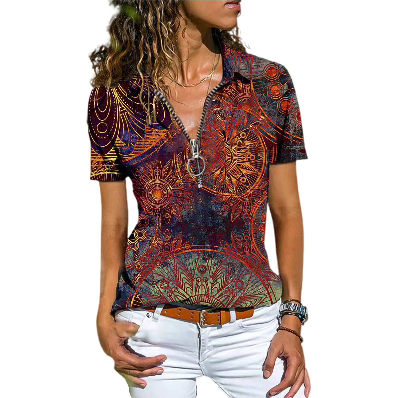 Women T-shirt Ethnic Print Elegant Vintage Pattern Blouse