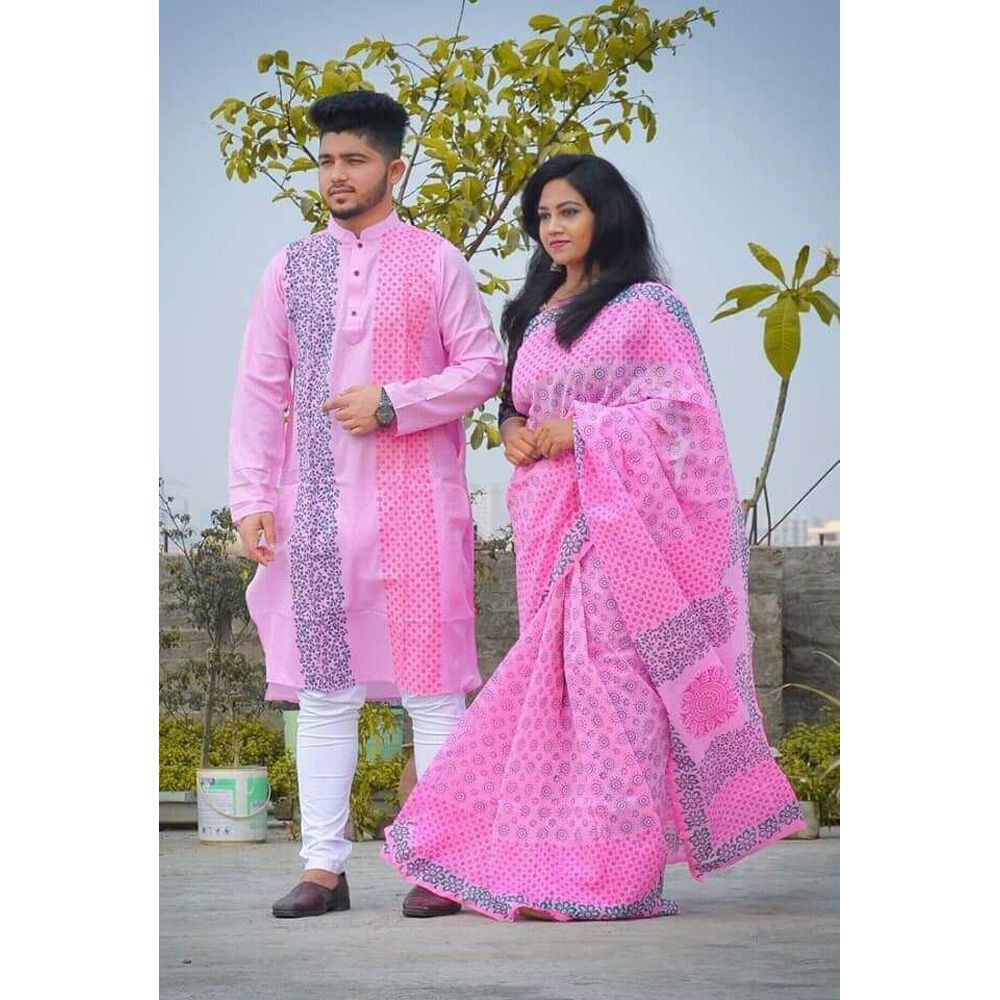 New Exclusive Design Block Print Pink Half Silk Saree and Dupaiyan Panjabi couple Dress for Men and women