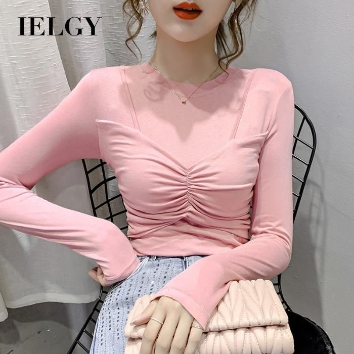 IELGY Long sleeves White Base shirt Slim fit Fake two pieces Solid color Cotton Stitching Women's T-shirt